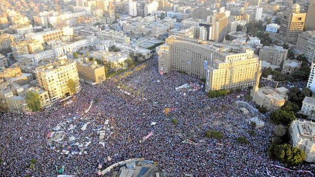 A handout picture released by the Egyptian army on July 27, 2013 shows an aerial view of to Cairo's Tahrir square crowded with demonstrators on July 26, 2013.