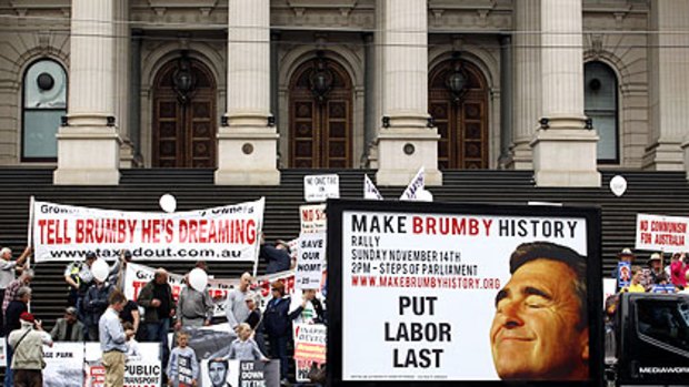A miscellany of protest groups gathered on the steps of Parliament House yesterday.