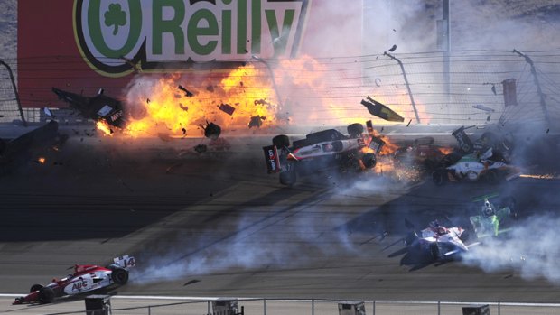 Pile-up ... cars fly into the air and explode in flames at the IndyCar race in Las Vegas.