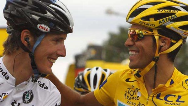 Andy Schleck and Alberto Contadorduring hte 2010 Tour de France.
