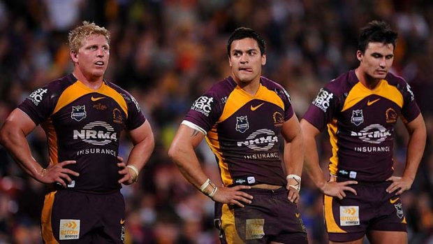 The Broncos' Ben Hannant, Alex Glenn and Lachlan Maranta lick their wounds after their loss to the Parramatta Eels at Suncorp Stadium.