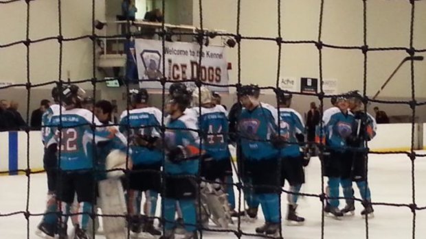 The Sydney Ice Dogs enjoy their win over the Mustangs last Sunday.