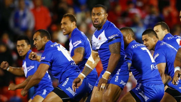 Huge loss: Roy Asotasi of Samoa leads the team's haka before the Test against Tonga at Penrith in April.