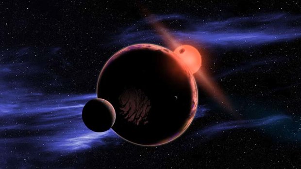 An artist's impression of a hypothetical planet with two moons orbiting in the habitable zone of a red dwarf star.