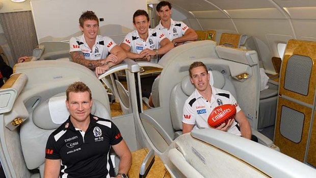 In the big seats: Magpies Nathan Buckley (left), Dayne Beams, Luke Ball, Scott Pendlebury and Nick Maxwell at their leadership launch on Tuesday.