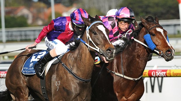 Sweet success: King’s Rose charges past Heart Of Dreams to win the Memsie Stakes at Caulfield yesterday.