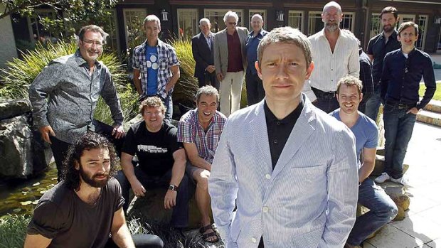 British actor Martin Freeman (front) poses with cast members of Peter Jackson's two-part film The Hobbit, where an incident on set left two workers suffering minor burns.