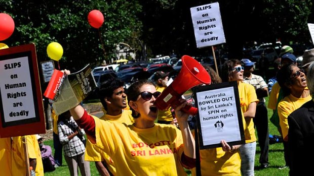 No more spin ... human rights protesters outside the MCG urged ticket holders to stay away from the Test, saying Sri Lanka should be exiled from world sport.