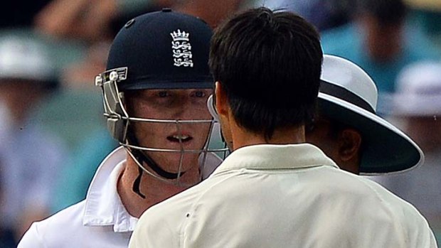 Australia's paceman Mitchell Johnson (right) and England's batsman Ben Stokes exchanged words as well as bumps.