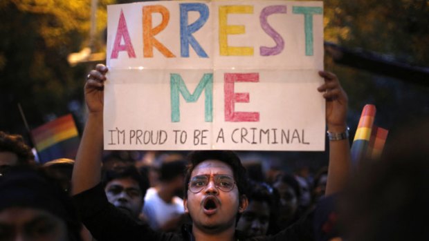 An Indian gay rights activist protests after the country's top court ruled a law criminalizing homosexuality will remain in effect in India in 2013.