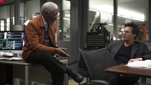 Morgan Freeman and Johnny Depp in the Film <i>Transcendence</i>.