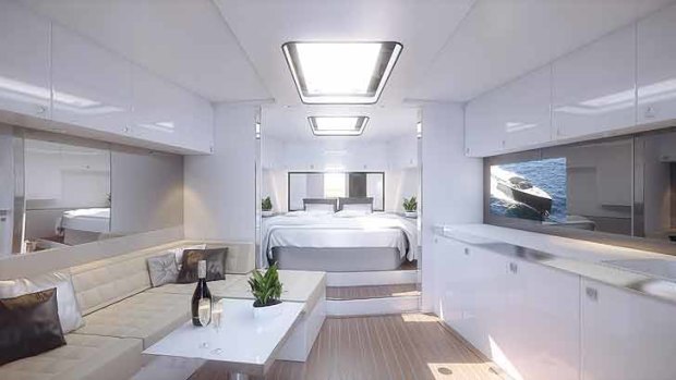 A spacious living area below decks flows into a master bedroom.