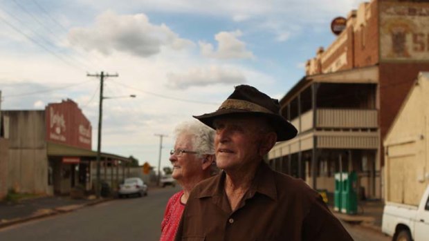 It's lonely out there &#8230; Maureen and Colin Causer in the main street of Quandialla. The elderly couple say they will never leave the town, which is battling to maintain its population.