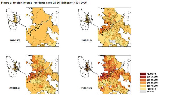 A map showing the median income (for residents aged 25-65) in Brisbane between 1991 and 2006.