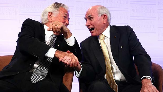 Former prime ministers Bob Hawke and John Howard get amiable at the National Press Club.