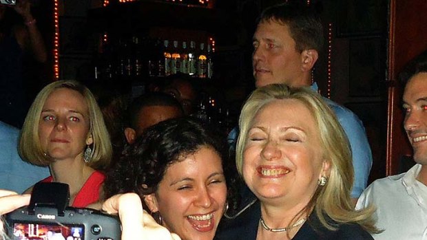 State of euphoria ...  Hillary Clinton dances with members of her delegation in the Cafe Havana salsa bar  during a break from the Americas Summit in Colombia.