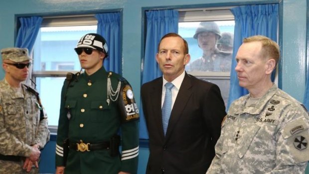 Mr Abbott on a tour of the T2 hut at the Korean Demilitarized Zone.