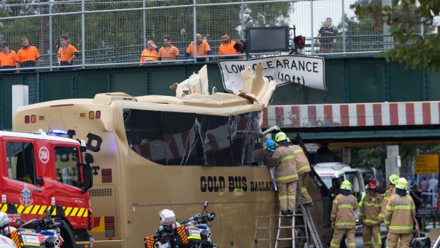 A bus crashed into a bridge in Montague Street, South Melbourne, on Monday.