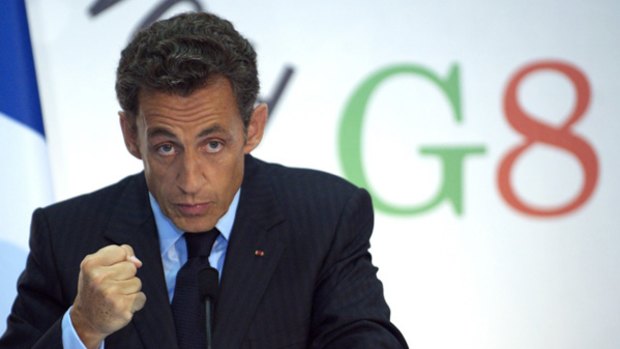 France's President Nicolas Sarkozy speaks at a news conference at the end of the first day of the G8 summit in L'Aquila, Italy.