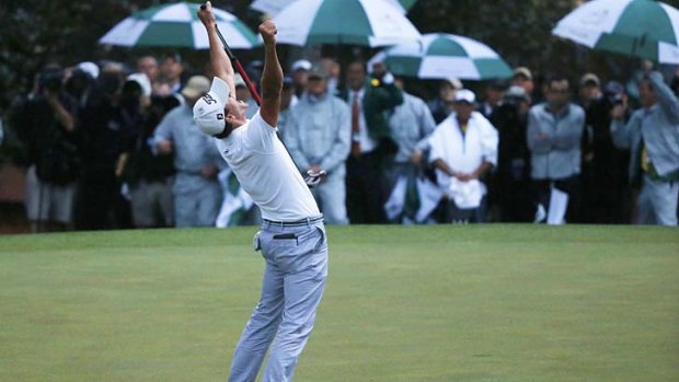 On top of the world: Adam Scott celebrates.