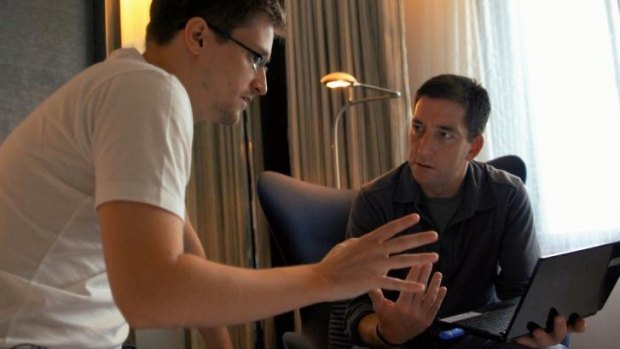 Meetings: Edward Snowden, left, and Glenn Greenwald in <i>Citizenfour</i>.