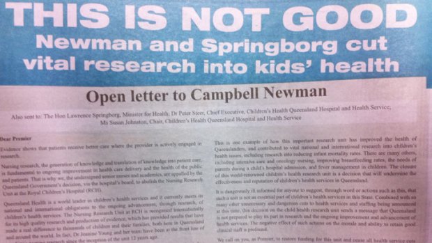 An open letter, appearing as an ad in The Courier-Mail, to Premier Campbell Newman and Health Minister Lawrence Springborg.