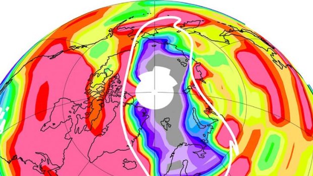 Northern exposure ... a NASA image shows ozone over the northern hemisphere in late March. Red represents a large amount of ozone.