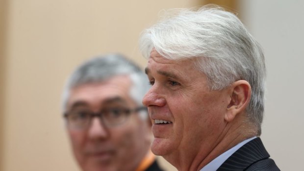 NBN Co CEO Bill Morrow (right) and COO Greg Adcock during the Senate hearing in Canberra on Friday.