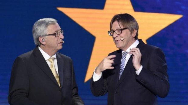 Charisma shortage: two of the 'top candidates' proposed by groups in the European Parliament, Jean-Claude Juncker of Luxembourg (left) and Guy Verhofstadt of Belgium, at a May 15 debate in Brussels.