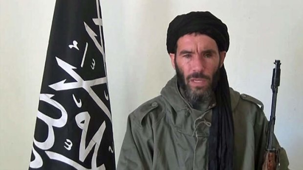A still from a video obtained by a Mauritanian news agency reportedly shows  jihadist Mokhtar Belmokhtar speaking at an undisclosed location.