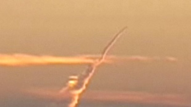 A video frame grab provided by KCBS/KCAL showing what could be a missile contrail over California.