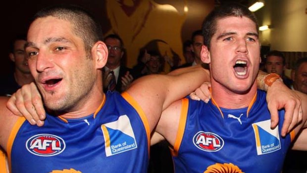 Brendan Fevola and Jonathan Brown after the Lions' win over the Western Bulldogs in round four.
