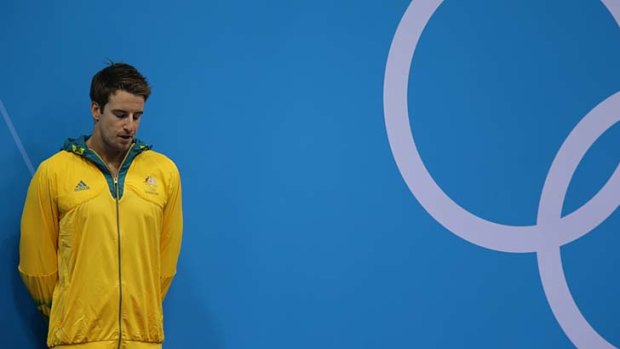 A downcast James Magnussen on the medal podium.