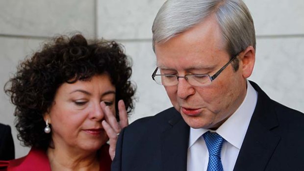 Therese Rein, wife of former prime minister Kevin Rudd, wipes a tear during his press conference on 24 June, 2010, after he was deposed by Julia Gillard.