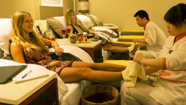Sarah Gillespie and Emma Kirkaldy discuss business over a foot massage at Liangzi.