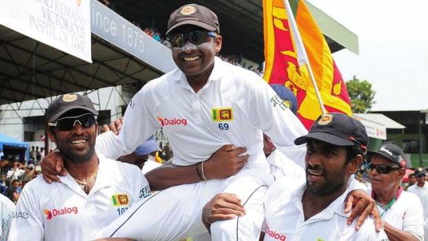 Mahela Jayawardene is chaired off the ground by his teammates after Sri Lanka won the second Test against Pakistan on Monday.