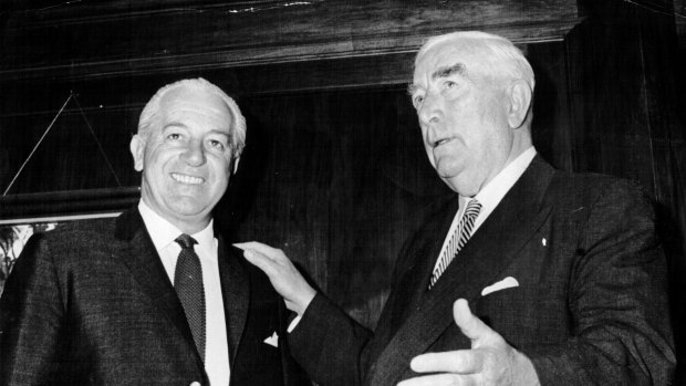 Sir Robert Menzies hands over the reins of power to Harold Holt in January 1966. 
