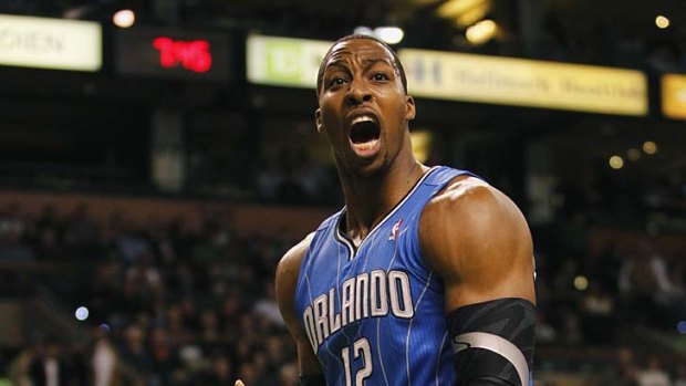 Dwight Howard reacts to a call during the first half of the game against the Boston Celtics.