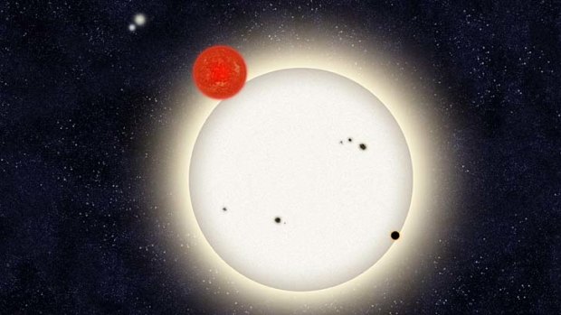 An artist's impression of the newly discovered PH1 planet with four suns.