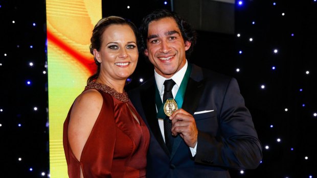 Emotional triumph: Johnathan Thurston poses with his partner Samantha Lynch after winning the 2015 Dally M Medal.