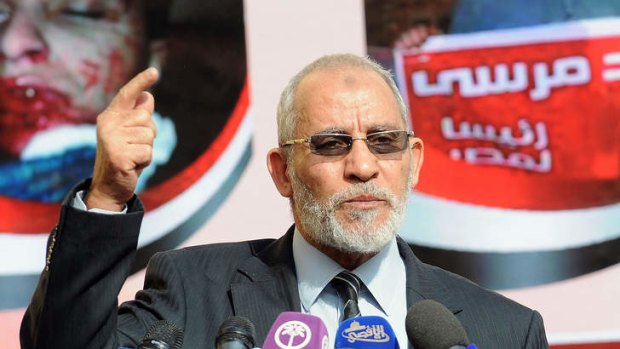 Muslim Brotherhood leader Mohammed Badie speaking during a press conference at the party's headquarters in Cairo.