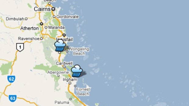 Cyclone Yasi is expected to cross the Queensland coast between Tully and Lucinda, marked on this map by rain cloud icons.