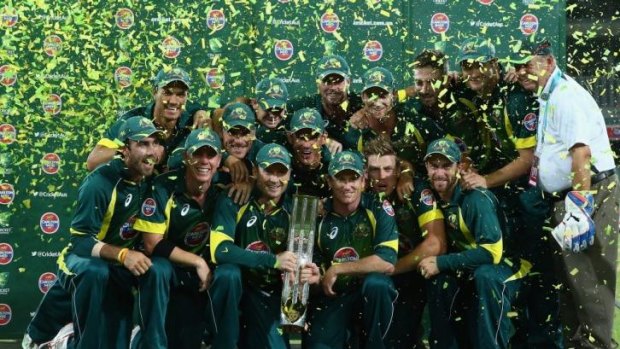 Australia's one-day team celebrates winning the one-day international series against England at the Adelaide Oval on Australia Day earlier this year.