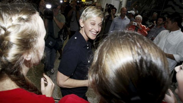 Warm welcome: Ellen DeGeneres at Sydney Airport.