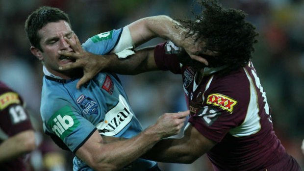 Thaiday goes toe to toe with Danny Buderus in Origin.