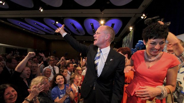 Campbell Newman soaks up the adoration at the LNP election party at the Hilton, Brisbane.