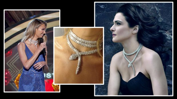 Neck and neck: (from left) Jennifer Hawkins wears her creation during the final of <i>Australia's Next Top Model</i>, a close up detail of Hawkins' snake necklace, and Rachel Weiz in Bulgari's Serpentine.