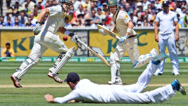 Flat out: Shane Watson and Michael Clarke take a quick run as Ian Bell dives to no avail in the fourth Test at the MCG. It was the ninth Test between the two sides since July.