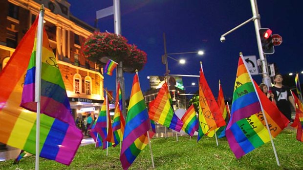 Protest flags:  Planted at Taylor Square to lament  the removal of the rainbow coloured pedestrian crossing.