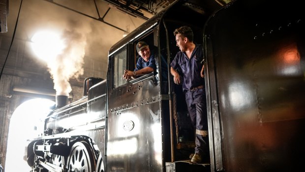The Age, News, 11/03/2016. photo by Justin McManus. Restorarion of 101 year old A2 locomotive that has taken 30 years to restore. Restoration Volunteers L-R  Steve Cochrane and Daniel Hancock.